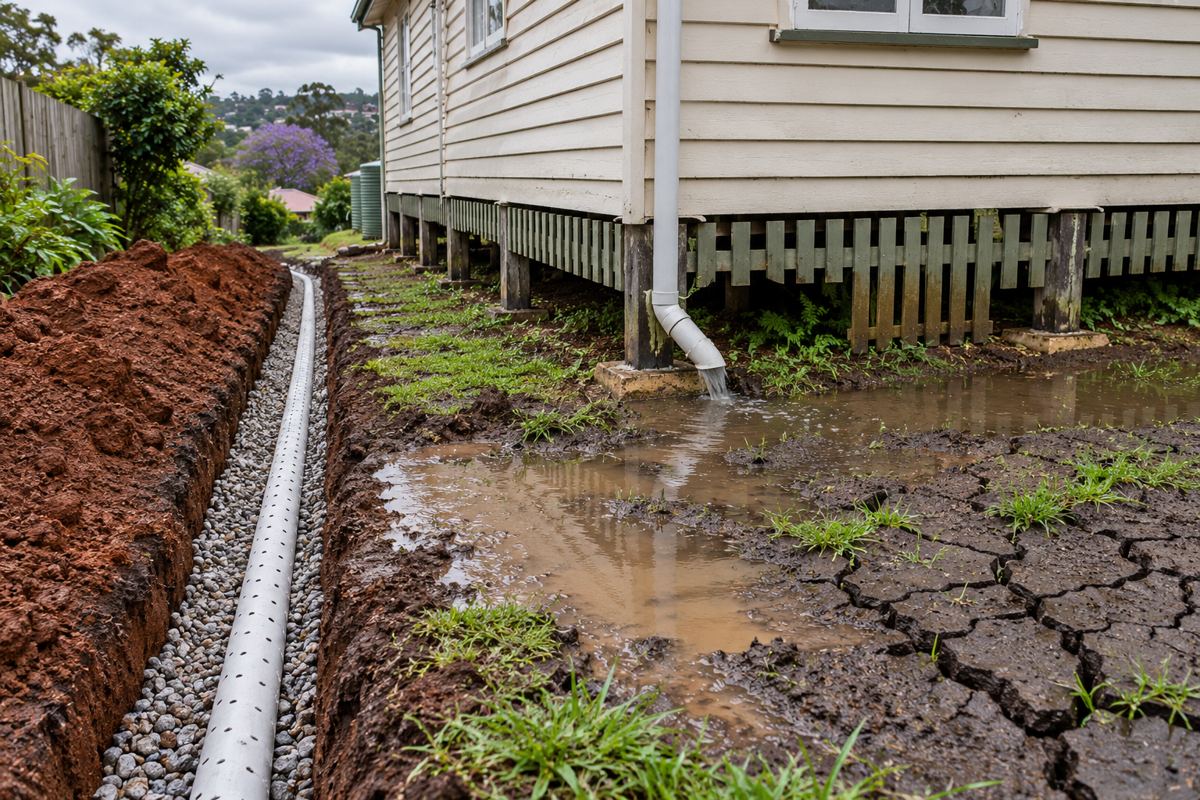 A Toowoomba side yard after rain with a new agricultural drain trench being laid on the high side of the house, water pooled on black clay at the low corner, shrinkage cracks in the soil and a downpipe discharging onto the ground.