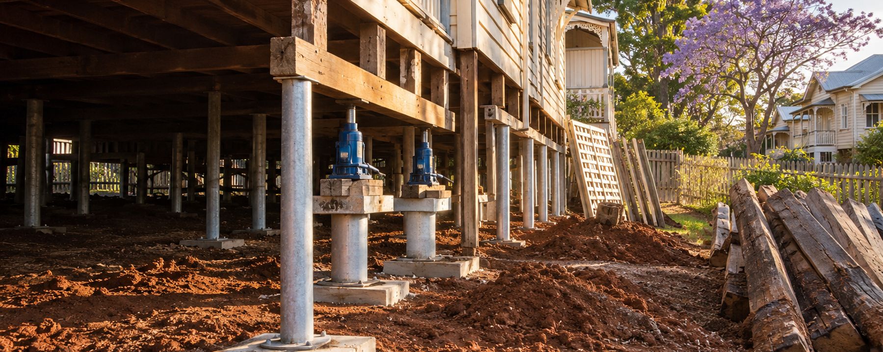 Late afternoon under a high-set timber Queenslander in East Toowoomba mid restump, old hardwood stumps pulled, new galvanised steel stumps on concrete pads along the near side, two hydraulic jacks holding a bearer, red volcanic spoil, lattice and battens against the house, a jacaranda next door