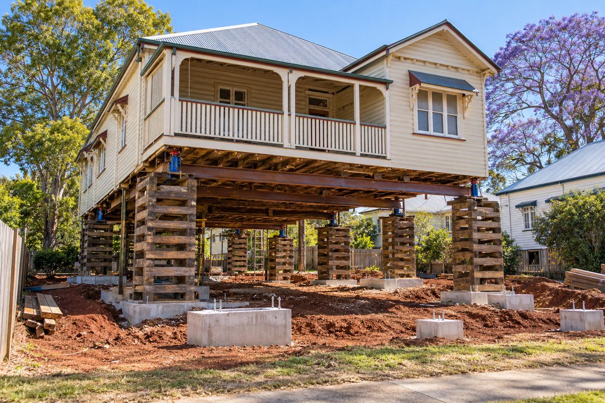 A timber Queenslander lifted about 2.5 metres on steel beams and timber crib towers with a hydraulic jack at each corner, bare red volcanic soil underneath and fresh concrete pads poured for the new columns.