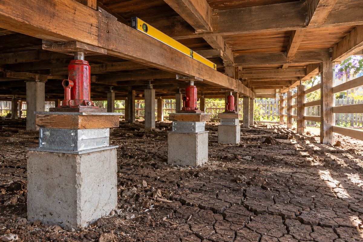 Three hydraulic jacks lifting a bearer under a post-war low-set house in Harristown, with a spirit level on the bearer, steel packers on the concrete stumps and black cracking clay with wide dry cracks on the ground below.