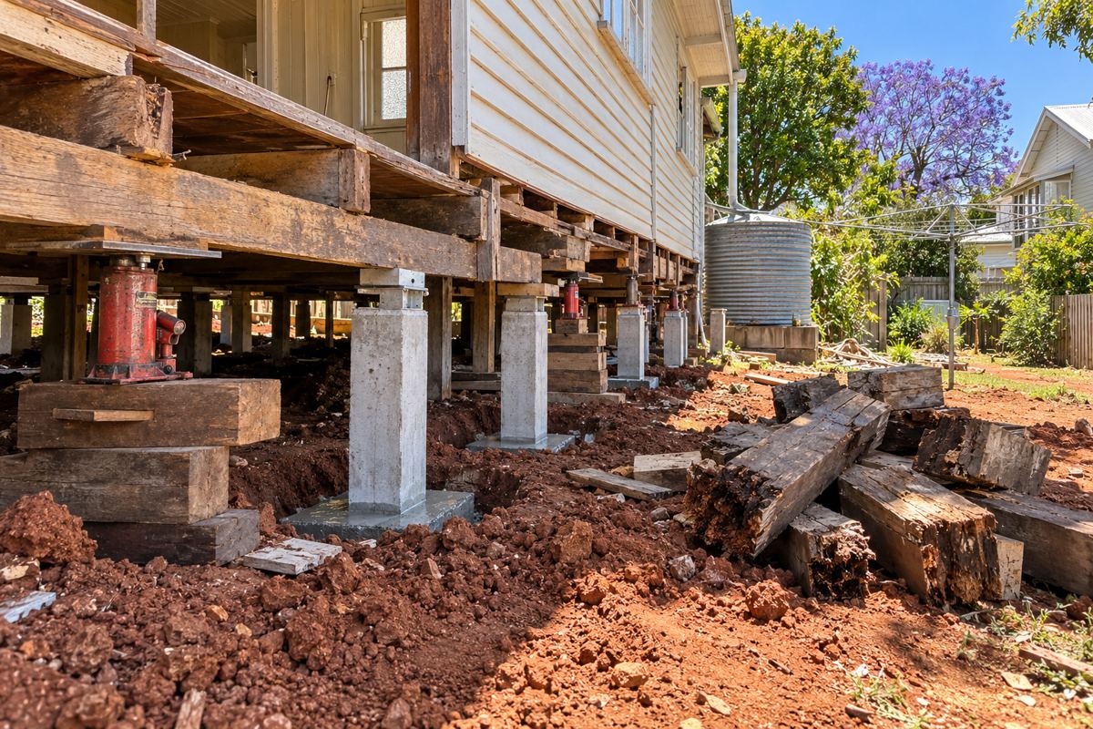 Under a 1920s timber Queenslander in Newtown part way through a full restump, new concrete stumps in fresh holes, jacks and packers under the bearers, old rotted hardwood stumps heaped on the red volcanic soil, an iron water tank and VJ boards behind