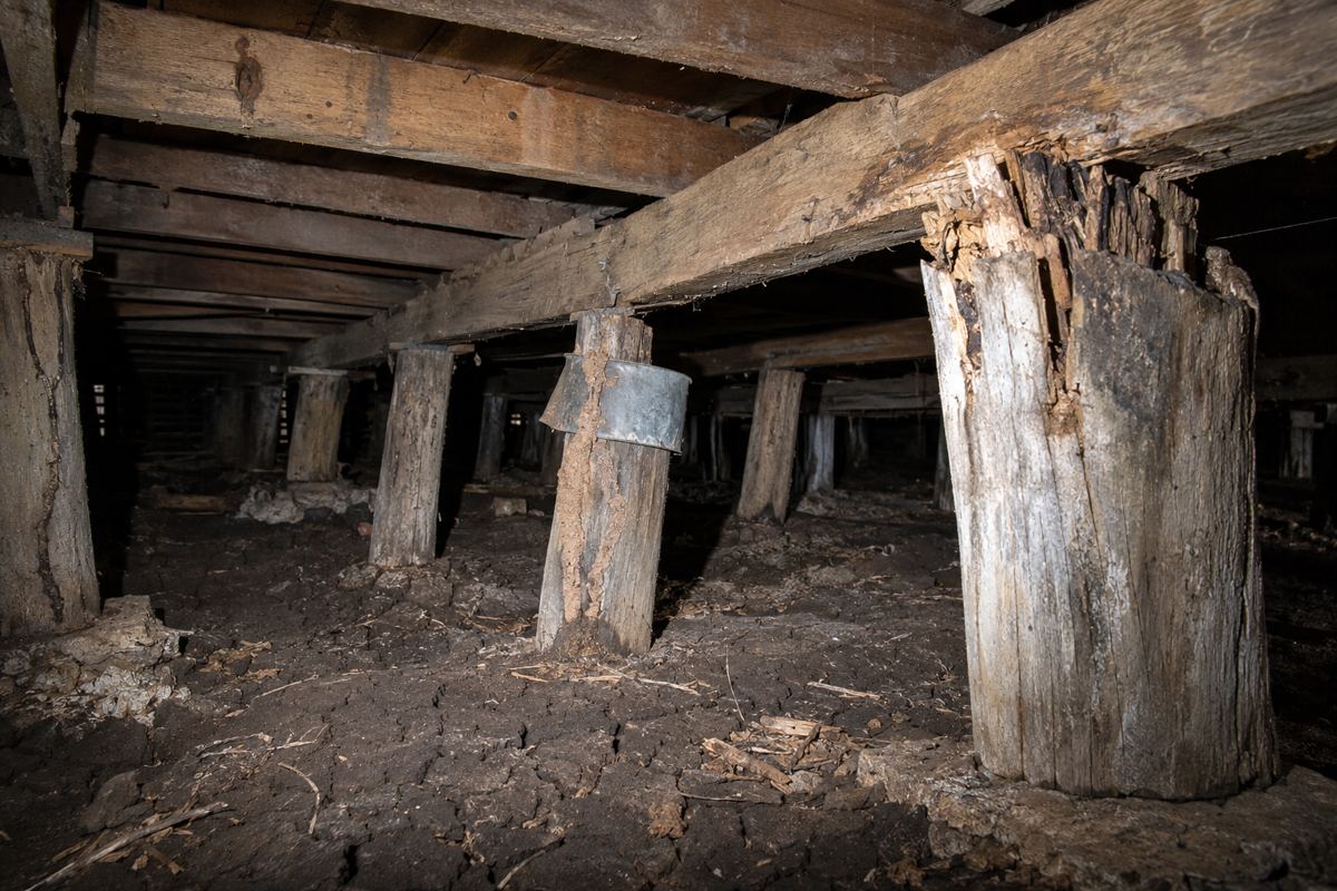 A torch-lit subfloor under a Toowoomba house showing leaning hardwood stumps, a crushed stump top, sagging bearers, termite mud tubes up one stump and dry cracked black clay on the ground.