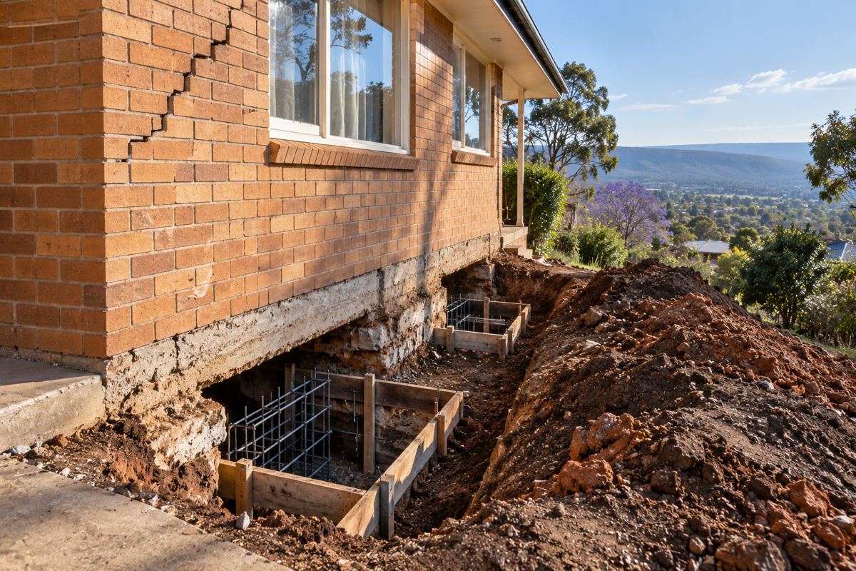 A trench and pits dug under a cracked brick strip footing at a house in Rangeville, reinforcing and formwork in the open bay, a stepped crack above a window, dark basalt clay in the spoil and the escarpment beyond.